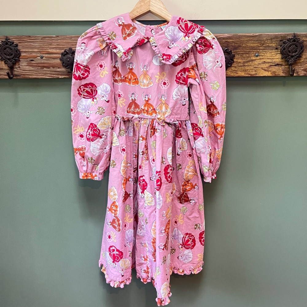 Vintage Mousefeathers Pink Ballerina Print Dress Ruffle Collar Kids Size 12